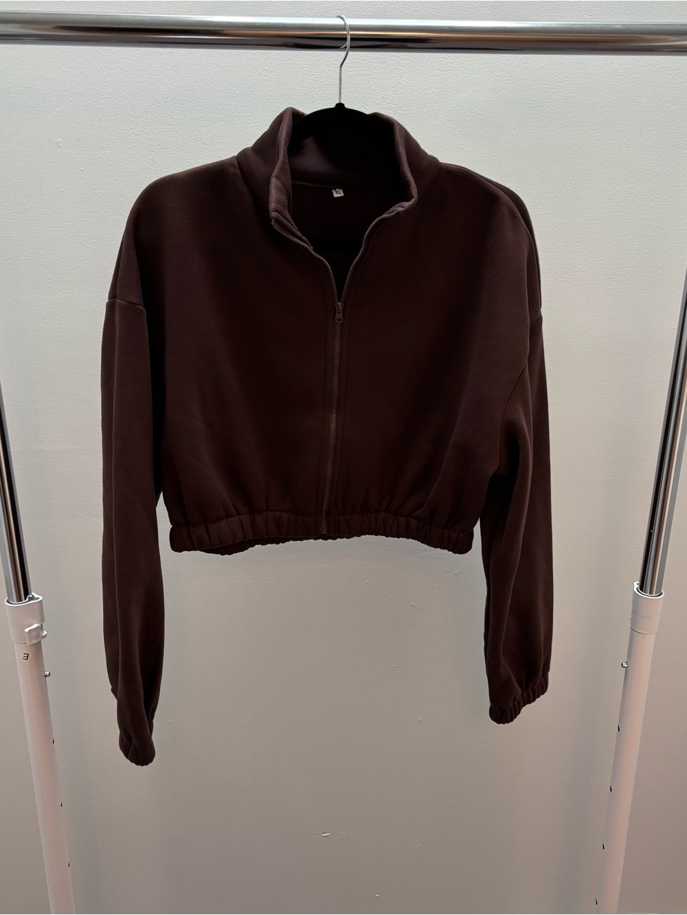 SHEIN Brown Collared Cropped Smocked Waist Zip Up Sweatshirt